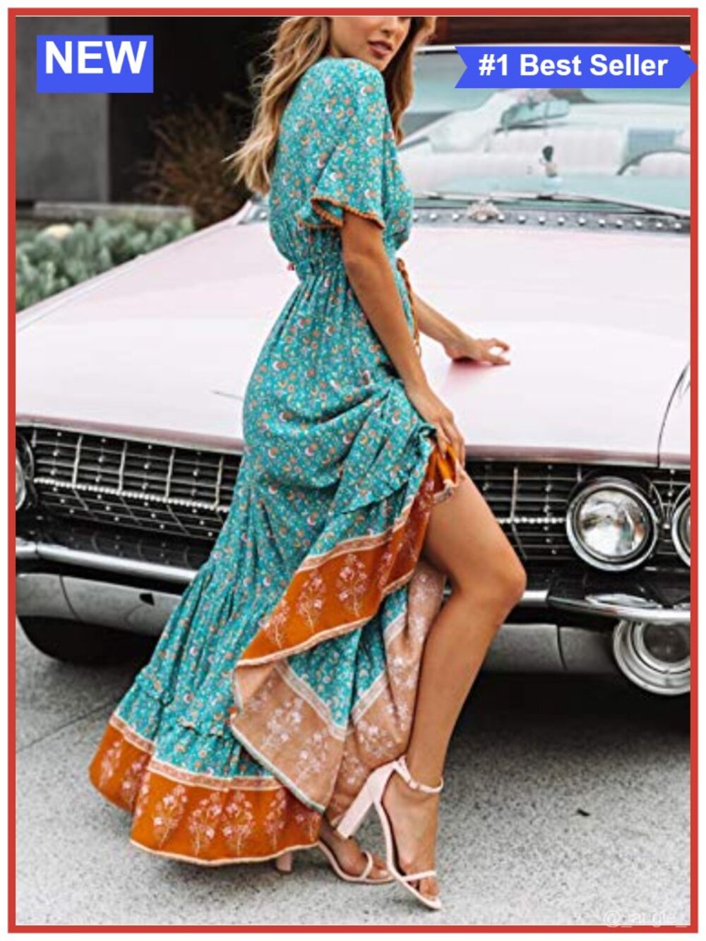 Womens Floral Print Boho Midi Dress V Neck Button Short Sleeve Rayon - Picture 4 of 6